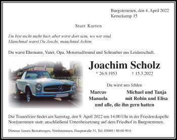 Traueranzeige von Joachim Scholz von Hildesheimer Allgemeine Zeitung