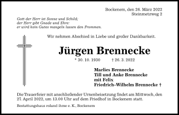 Traueranzeige von Jürgen Brennecke von Hildesheimer Allgemeine Zeitung