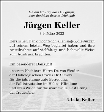Traueranzeige von Jürgen Keller von Hildesheimer Allgemeine Zeitung