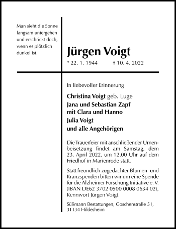 Traueranzeige von Jürgen Voigt von Hildesheimer Allgemeine Zeitung