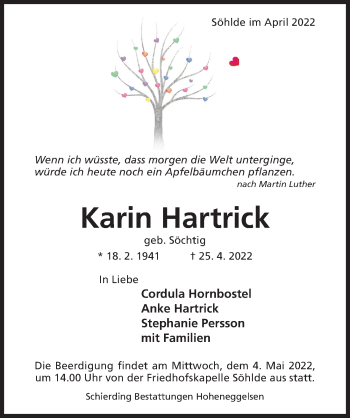 Traueranzeige von Karin Hartrick von Hildesheimer Allgemeine Zeitung