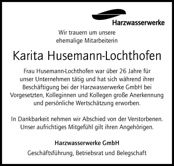 Traueranzeige von Karita Husemann-Lochthofen von Hildesheimer Allgemeine Zeitung