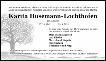 Traueranzeige von Karita Husemann-Lochthofen von Hildesheimer Allgemeine Zeitung