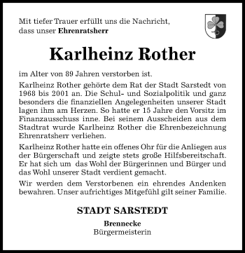 Traueranzeige von Karlheinz Rother von Hildesheimer Allgemeine Zeitung