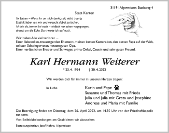 Traueranzeige von Karl Hermann Weiterer von Hildesheimer Allgemeine Zeitung