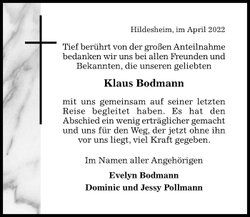 Traueranzeige von Klaus Bodmann von Hildesheimer Allgemeine Zeitung