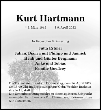 Traueranzeige von Kurt Hartmann von Hildesheimer Allgemeine Zeitung
