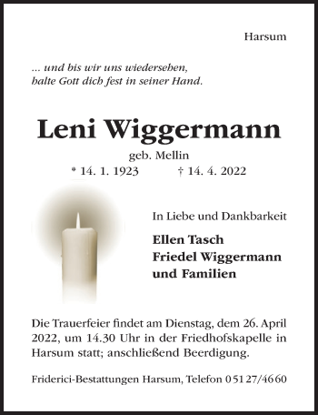 Traueranzeige von Leni Wiggermann von Hildesheimer Allgemeine Zeitung
