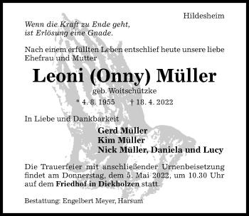 Traueranzeige von Leoni Müller von Hildesheimer Allgemeine Zeitung