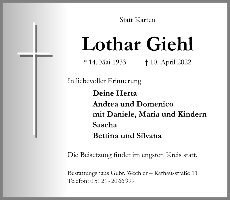  Traueranzeige für Lothar Giehl vom 13.04.2022 aus Hildesheimer Allgemeine Zeitung