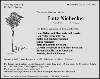 Traueranzeige von Lutz Niebecker von Hildesheimer Allgemeine Zeitung