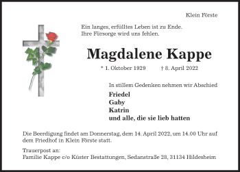 Traueranzeige von Magdalene Kappe von Hildesheimer Allgemeine Zeitung