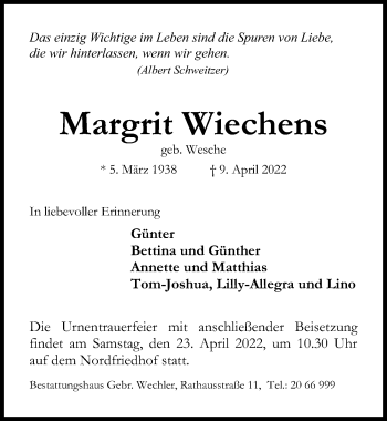 Traueranzeige von Margrit Wiechens von Hildesheimer Allgemeine Zeitung