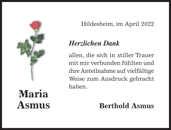 Traueranzeige von Maria Asmus von Hildesheimer Allgemeine Zeitung