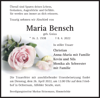 Traueranzeige von Maria Bensch von Hildesheimer Allgemeine Zeitung