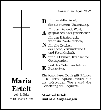 Traueranzeige von Maria Ertelt von Hildesheimer Allgemeine Zeitung