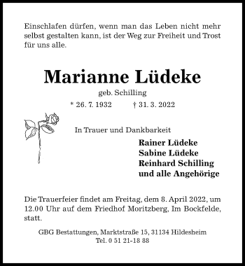 Traueranzeige von Marianne Lüdeke von Hildesheimer Allgemeine Zeitung