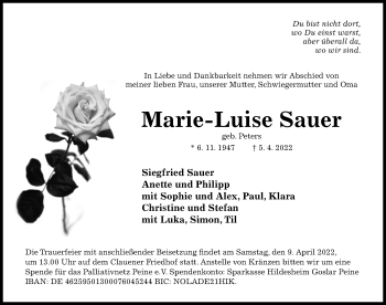 Traueranzeige von Marie-Luise Sauer von Hildesheimer Allgemeine Zeitung