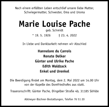 Traueranzeige von Marie Louise Pache von Hildesheimer Allgemeine Zeitung