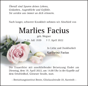 Traueranzeige von Marlies Facius von Hildesheimer Allgemeine Zeitung
