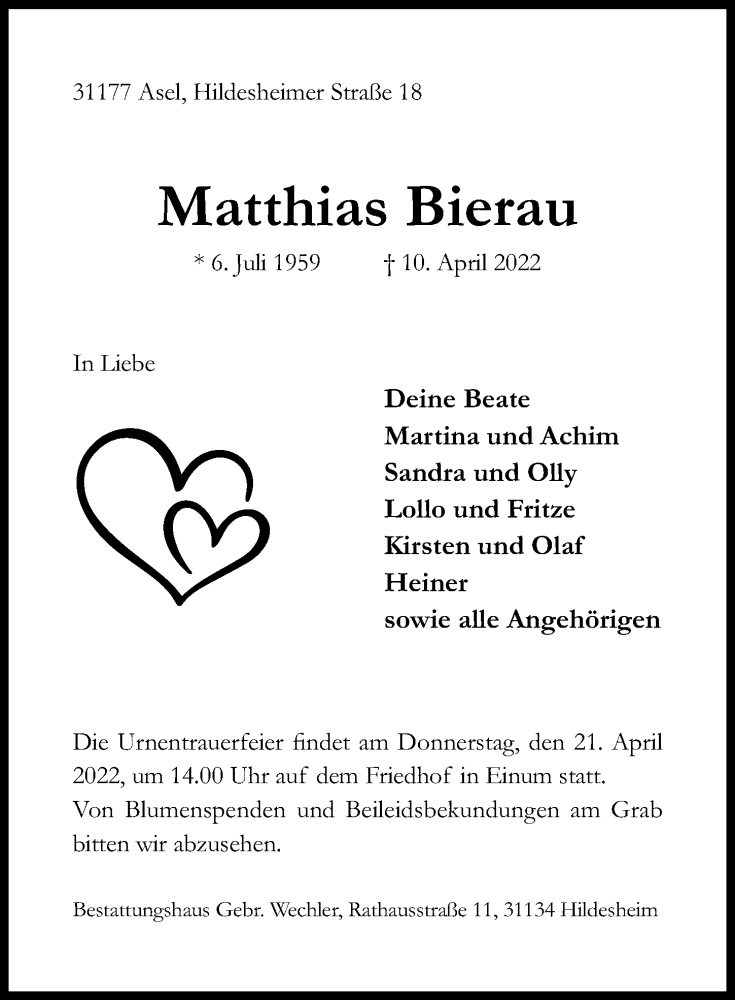  Traueranzeige für Matthias Bierau vom 13.04.2022 aus Hildesheimer Allgemeine Zeitung