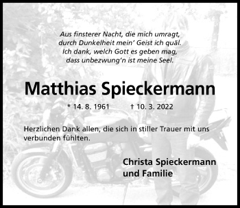 Traueranzeige von Matthias Spieckermann von Hildesheimer Allgemeine Zeitung