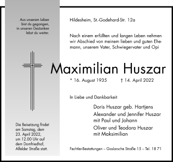 Traueranzeige von Maximilian Huszar von Hildesheimer Allgemeine Zeitung