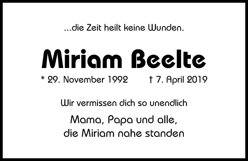 Traueranzeige für Miriam Beelte vom 07.04.2022 aus Hildesheimer Allgemeine Zeitung