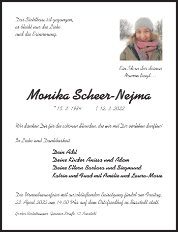 Traueranzeige von Monika Scheer-Nejma von Hildesheimer Allgemeine Zeitung