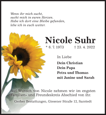 Traueranzeige von Nicole Suhr von Hildesheimer Allgemeine Zeitung