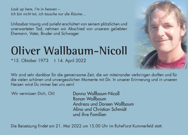  Traueranzeige für Oliver Wallbaum-Nicoll vom 28.04.2022 aus Hildesheimer Allgemeine Zeitung