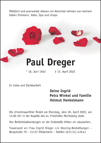 Traueranzeige von Paul Dreger von Hildesheimer Allgemeine Zeitung