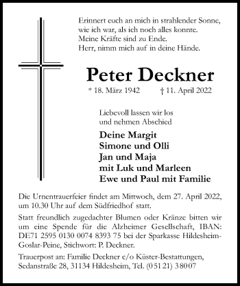 Traueranzeige von Peter Deckner von Hildesheimer Allgemeine Zeitung