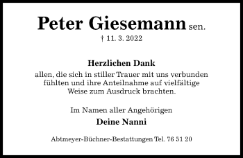 Traueranzeige von Peter Giesemann von Hildesheimer Allgemeine Zeitung