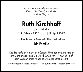 Traueranzeige von Ruth Kirchhoff von Hildesheimer Allgemeine Zeitung