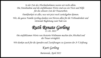 Traueranzeige von Ruth Renate Gerling von Hildesheimer Allgemeine Zeitung