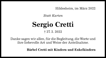 Traueranzeige von Sergio Cretti von Hildesheimer Allgemeine Zeitung