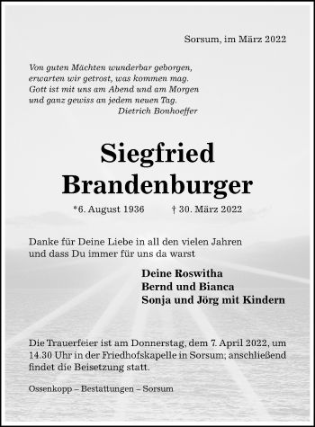 Traueranzeige von Siegfried Brandenburger von Hildesheimer Allgemeine Zeitung