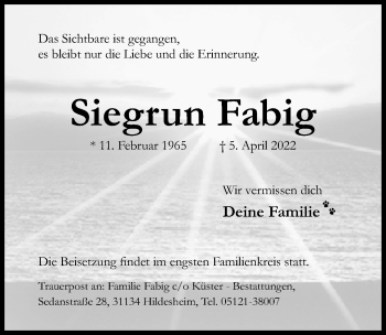 Traueranzeige von Siegrun Fabig von Hildesheimer Allgemeine Zeitung