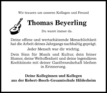 Traueranzeige von Thomas Beyerling von Hildesheimer Allgemeine Zeitung