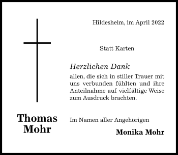 Traueranzeige von Thomas Mohr von Hildesheimer Allgemeine Zeitung
