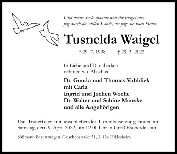 Traueranzeige von Tusnelda Waigel von Hildesheimer Allgemeine Zeitung