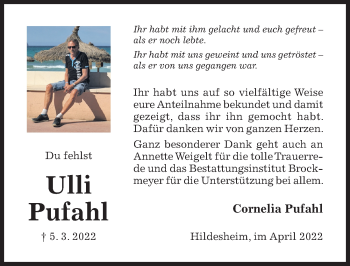 Traueranzeige von Ulli Pufahl von Hildesheimer Allgemeine Zeitung