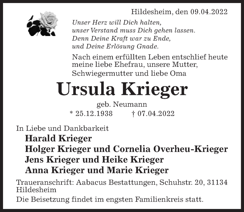  Traueranzeige für Ursula Krieger vom 09.04.2022 aus Hildesheimer Allgemeine Zeitung