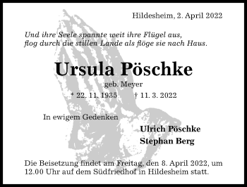 Traueranzeige von Ursula Pöschke von Hildesheimer Allgemeine Zeitung