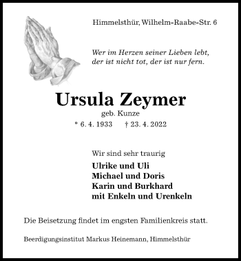 Traueranzeige von Ursula Zeymer von Hildesheimer Allgemeine Zeitung
