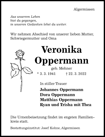 Traueranzeige von Veronika Oppermann von Hildesheimer Allgemeine Zeitung