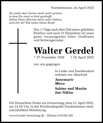 Traueranzeige von Walter Gerdel von Hildesheimer Allgemeine Zeitung