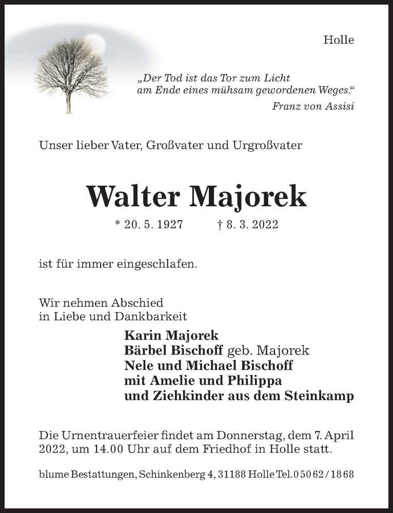  Traueranzeige für Walter Majorek vom 02.04.2022 aus Hildesheimer Allgemeine Zeitung