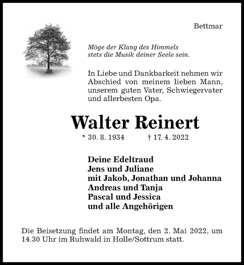 Traueranzeige für Walter Reinert vom 27.04.2022 aus Hildesheimer Allgemeine Zeitung